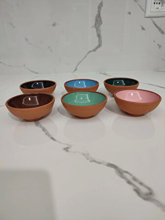 oprak İçi Sırlı Çerezlik Reçellik Sosluk Şekerlik Kahvaltılık 6'lı Renkli Kase Seti 8 cm