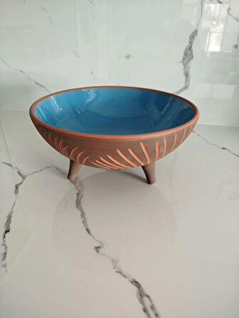  Sunumluk 25 cm Ayaklı Toprak Kazımalı Sırlı Sunumluk Kase