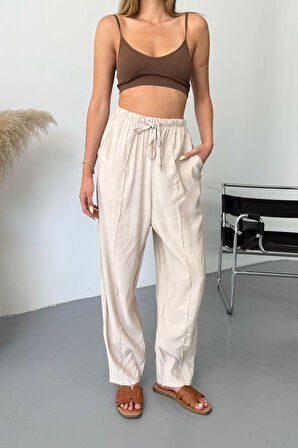 Feela Moda Kadın Modal Cupra Beli Lastikli Çımalı Şalvar Pantolon 2019