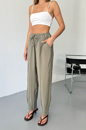 Feela Moda Kadın Modal Cupra Beli Lastikli Çımalı Şalvar Pantolon 2019