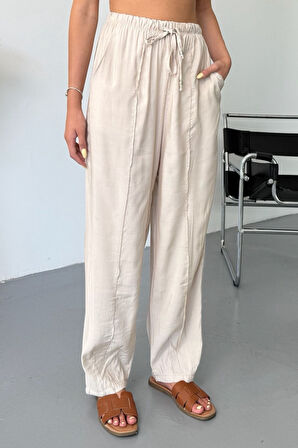 Feela Moda Kadın Modal Cupra Beli Lastikli Çımalı Şalvar Pantolon 2019