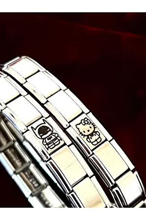 Batman Ve Hello Kitty Italyan Charm Çelik Çift Bilekliği
