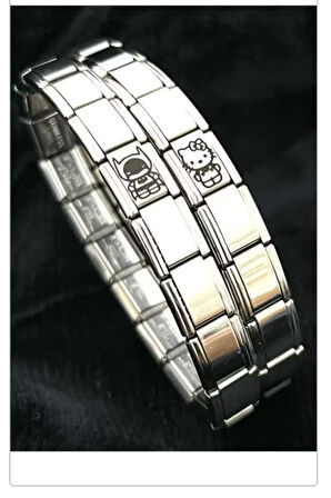 Batman Ve Hello Kitty Italyan Charm Çelik Çift Bilekliği