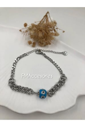 Çelik Kadın Nazar Boncuklu Gümüş Renkli Çelik Bileklik 16+6 cm Hediye Kutulu