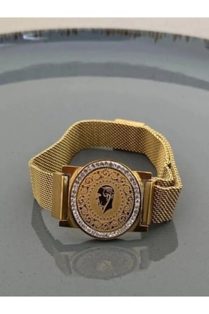 Çelik Gold Renk Hasır Zirkon Taşlı Çeyrek Altın Model  Mıknatıslı Kadın Her Bileğe Uygundur