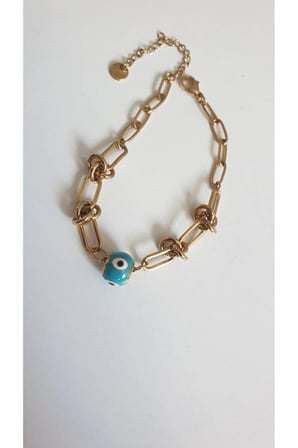 ÇELİK BİLEKLİK NAZAR BONCUKLU 316L DÜĞÜM DETAYLI 14 AYAR GOLD RENGİNDE 17+4 CM KARARMAZ FMACCESORİES
