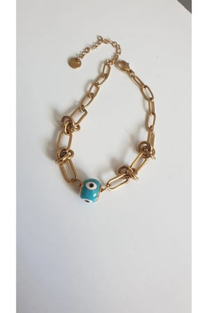 ÇELİK BİLEKLİK NAZAR BONCUKLU 316L DÜĞÜM DETAYLI 14 AYAR GOLD RENGİNDE 17+4 CM KARARMAZ FMACCESORİES