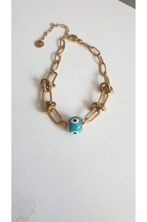 ÇELİK BİLEKLİK NAZAR BONCUKLU 316L DÜĞÜM DETAYLI 14 AYAR GOLD RENGİNDE 17+4 CM KARARMAZ FMACCESORİES