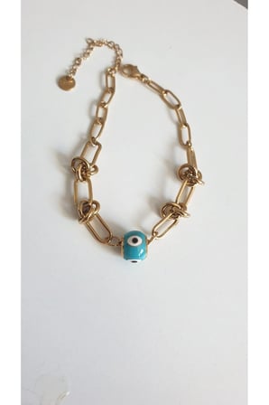 ÇELİK BİLEKLİK NAZAR BONCUKLU 316L DÜĞÜM DETAYLI 14 AYAR GOLD RENGİNDE 17+4 CM KARARMAZ FMACCESORİES