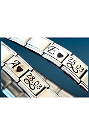 Çelik Bileklik İtalyan Harfli Tarihli Charm Kişisselleştirilir Çift Sevgili Kombin 2 Adet Kutulu