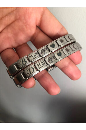 İtalyan Charm Çelik Bileklik 6 adet İstediğini Yazdır Fotoğraf Tarih Harf 2 li Sevgili Bileklik