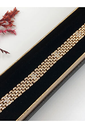Her Kombine Uygun! Xuping Taşlı Altın Renk Kadın Bileklik Rose Bakır Renk 19 Cm kutulu Renk Atmaz