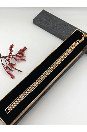 Her Kombine Uygun! Xuping Taşlı Altın Renk Kadın Bileklik Rose Bakır Renk 19 Cm kutulu Renk Atmaz