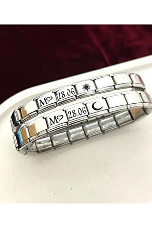 Kişiye Özel İsimli Kalpli Tarihli ay ve güneşli 2 adet italyan çelik charm bileklik kişiye özel