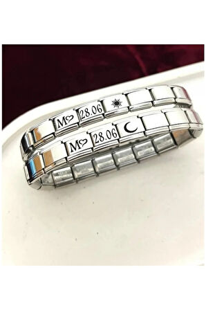 Kişiye Özel İsimli Kalpli Tarihli ay ve güneşli 2 adet italyan çelik charm bileklik kişiye özel