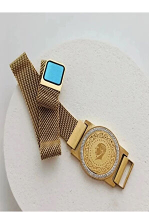 Çelik Gold Renk Hasır Zirkon Taşlı Çeyrek Altın Model  Mıknatıslı Kadın Her Bileğe Uygundur