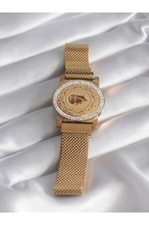 Çelik Gold Renk Hasır Zirkon Taşlı Çeyrek Altın Model  Mıknatıslı Kadın Her Bileğe Uygundur