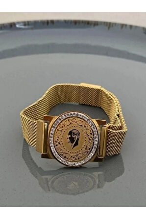 Çelik Gold Renk Hasır Zirkon Taşlı Çeyrek Altın Model  Mıknatıslı Kadın Her Bileğe Uygundur