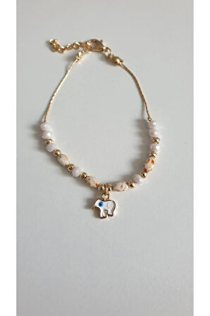 FİL DETAYLI  BİLEKLİK KADIN ÇELİK KAPLAMA ÇOK ZARİF BONCUK ŞANS VE AŞK BİLEKLİK 18 CM FMACCESORİES