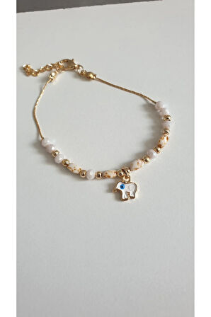 FİL DETAYLI  BİLEKLİK KADIN ÇELİK KAPLAMA ÇOK ZARİF BONCUK ŞANS VE AŞK BİLEKLİK 18 CM FMACCESORİES