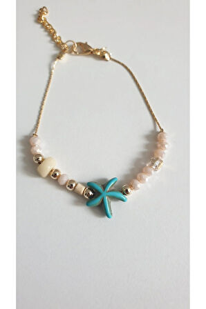 DENİZ YILDIZI BİLEKLİK KADIN ÇELİK KAPLAMA ÇOK ZARİF BONCUK ŞANS VE AŞK BİLEKLİK 18 CM FMACCESORİES