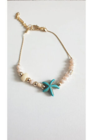 DENİZ YILDIZI BİLEKLİK KADIN ÇELİK KAPLAMA ÇOK ZARİF BONCUK ŞANS VE AŞK BİLEKLİK 18 CM FMACCESORİES