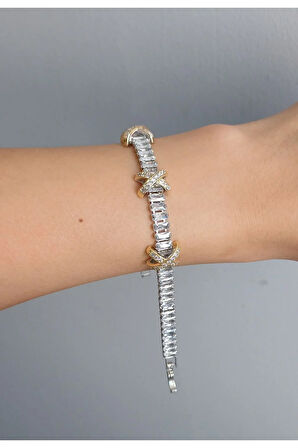 ÇELİK BİLEKLİK SU YOLU BAGET TAŞLI  XO X MARKA VİP VİNTAGE BİLEKLİK