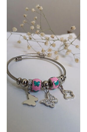 KELEBEKLİ ÇELİK PNDRA CHARM BİLEKLİK 316L ÇELİK ANTİALERJİK CHARMLARI DA ÇELİKTİR