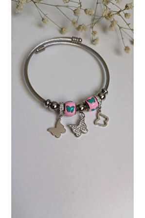 KELEBEKLİ ÇELİK PNDRA CHARM BİLEKLİK 316L ÇELİK ANTİALERJİK CHARMLARI DA ÇELİKTİR