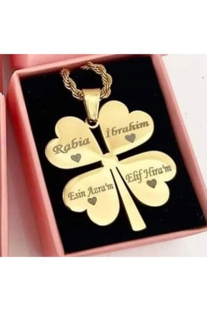 Çelik Kadın Kolye  Çelik Yonca Kolye Kadın 316l Kararmaz Renk Garantilidir 14 K Gold 60 Cm 4 Isim Yazılabilir