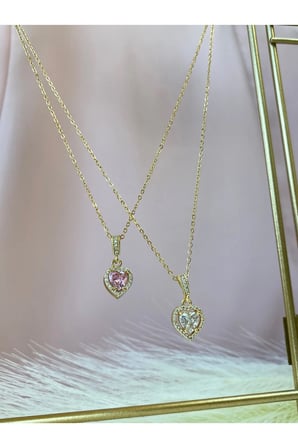Çelik Kadın Kolye  Pembe Zirkon Taşlı Kalp Çelik Kolye