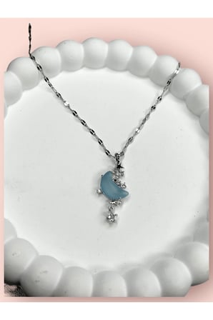 Çelik Kadın Kolye  Mavi Ay ve Hilal Sedef ve Zirkon Taş 316 L Çelik Kolye Silver