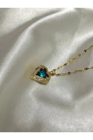 Çelik Kadın Kolye  Yüksek Kalite Çelik Mavi Kristal Kalp Kolye Gold 40 Cm Okyanusun Kalbi
