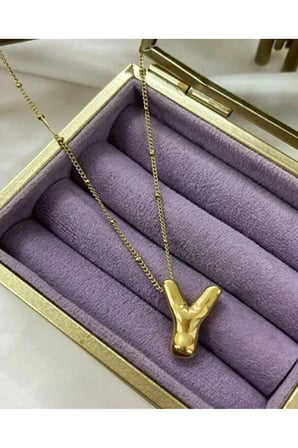 Çelik Kadın Kolye  Üç Boyutlu Çelik Y Harfli Balon Gold Renk Kolye