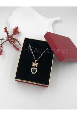 Çelik Kadın Kolye  Çelik Kadın Kolye Paslanmaz Çelik 14k Gold Siyah Taşlı 45 cm Kolye Antialerjik HEDİYE KUTULU