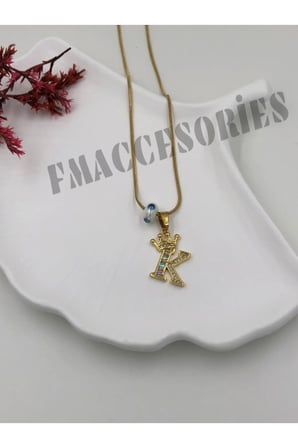 Çelik Kadın Kolye  K Harfli Çelik Kolye 14K Gold Renk Kral-Kraliçe Taçlı 45Cm Antialerjik 316L Kararmaz Kolye