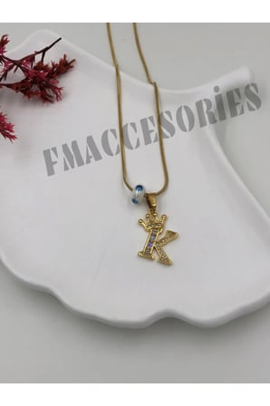Çelik Kadın Kolye  K Harfli Çelik Kolye 14K Gold Renk Kral-Kraliçe Taçlı 45Cm Antialerjik 316L Kararmaz Kolye