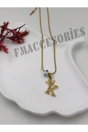 Çelik Kadın Kolye  K Harfli Çelik Kolye 14K Gold Renk Kral-Kraliçe Taçlı 45Cm Antialerjik 316L Kararmaz Kolye