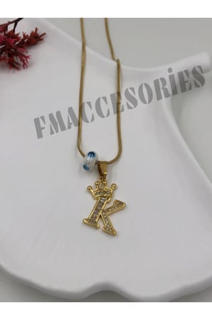 Çelik Kadın Kolye  K Harfli Çelik Kolye 14K Gold Renk Kral-Kraliçe Taçlı 45Cm Antialerjik 316L Kararmaz Kolye
