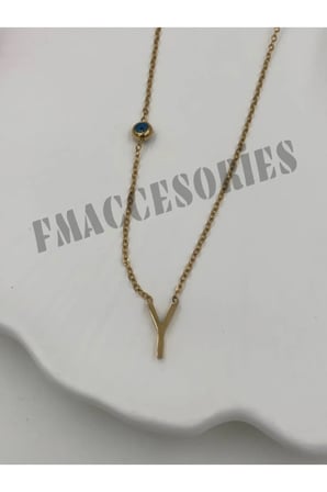 Çelik Kadın Kolye  Y Harf Çelik Kolye 316L Kararmaz 14 K Gold Renk Nazar Boncuklu Zarif Kişiye Özel Hediyelik 45 CM