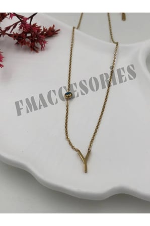 Çelik Kadın Kolye  Y Harf Çelik Kolye 316L Kararmaz 14 K Gold Renk Nazar Boncuklu Zarif Kişiye Özel Hediyelik 45 CM