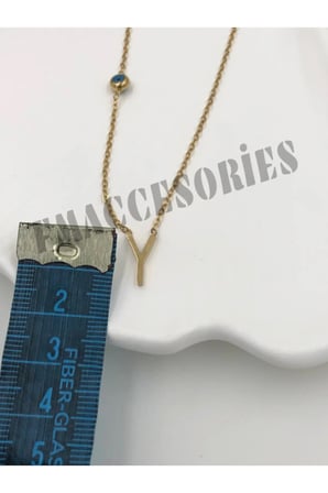 Çelik Kadın Kolye  Y Harf Çelik Kolye 316L Kararmaz 14 K Gold Renk Nazar Boncuklu Zarif Kişiye Özel Hediyelik 45 CM