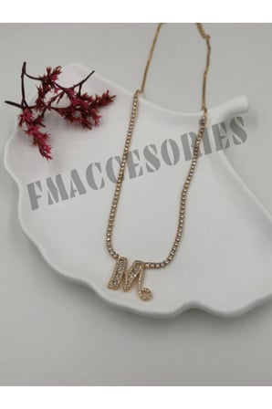 Çelik Kadın Kolye  M Harfli Çelik Kolye 14 K Gold Renk Su Yolu Taşlı Zincirli 45 Cm Antialerjik 316L Kararmaz Kolye