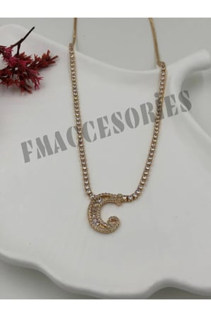 Çelik Kadın Kolye  C Harfli Çelik Kolye 14 K Gold Renk Su Yolu Taşlı Zincirli 45 Cm Antialerjik 316L Kararmaz Kolye