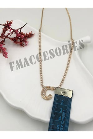 Çelik Kadın Kolye  C Harfli Çelik Kolye 14 K Gold Renk Su Yolu Taşlı Zincirli 45 Cm Antialerjik 316L Kararmaz Kolye
