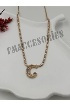 Çelik Kadın Kolye  C Harfli Çelik Kolye 14 K Gold Renk Su Yolu Taşlı Zincirli 45 Cm Antialerjik 316L Kararmaz Kolye