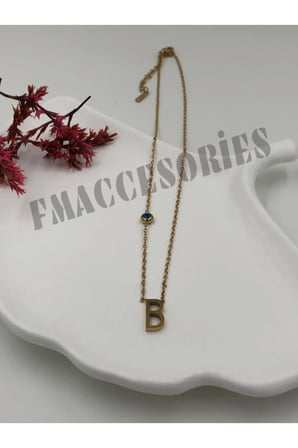 Çelik Kadın Kolye  B Harf Çelik Kolye 316L Kararmaz 14 K Gold Renk Nazar Boncuklu Zarif Kişiye Özel Hediyelik 45 CM