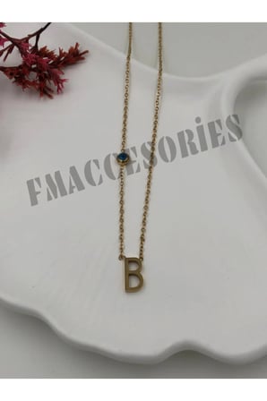 Çelik Kadın Kolye  B Harf Çelik Kolye 316L Kararmaz 14 K Gold Renk Nazar Boncuklu Zarif Kişiye Özel Hediyelik 45 CM