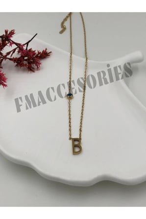 Çelik Kadın Kolye  B Harf Çelik Kolye 316L Kararmaz 14 K Gold Renk Nazar Boncuklu Zarif Kişiye Özel Hediyelik 45 CM