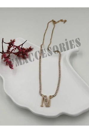Çelik Kadın Kolye  N Harfli Çelik Kolye 14 K Gold Renk Su Yolu Taşlı Zincirli 45 Cm Antialerjik 316L Kararmaz Kolye